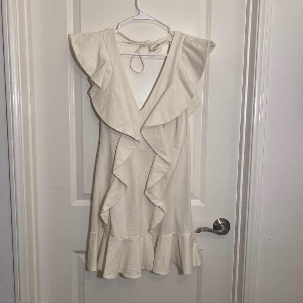 Ruffled Linen Dress in Cream with open back and tie strings